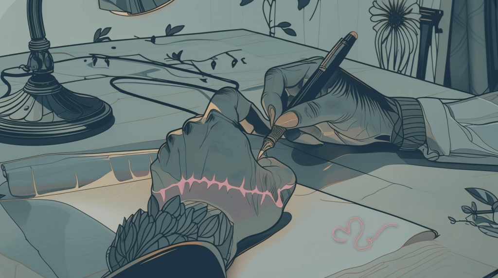 An illustrated image of a woman's hands writting with a caligraphy pen and there is some etching on the skin of her hand.